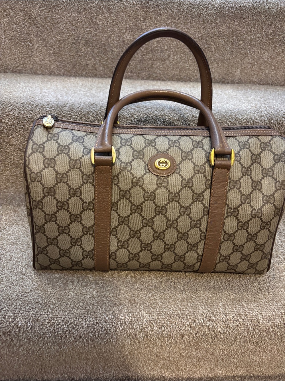 Gucci Brown GG Supreme Canvas Satchel with Gold Hardware